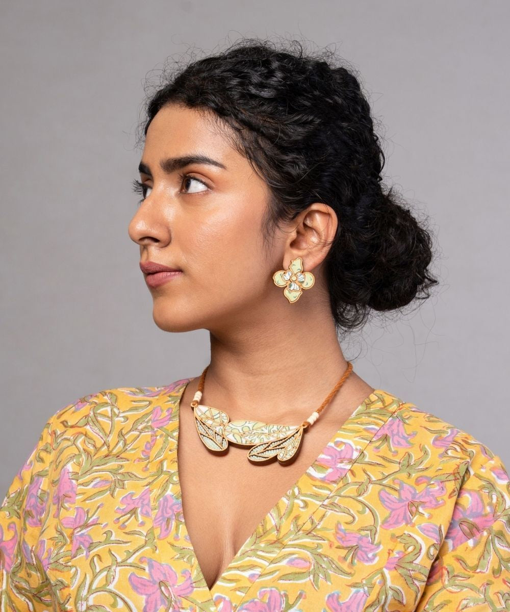 Green handmade repurposed fabric wood flower stud