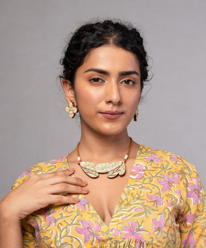 Green handmade repurposed fabric wood flower stud