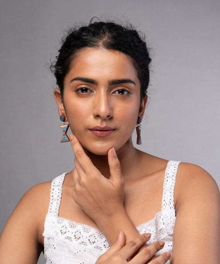 Indigo blue warli Inspired handmade repurposed fabric wood earrings