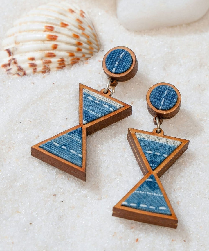 Indigo blue warli Inspired handmade repurposed fabric wood earrings
