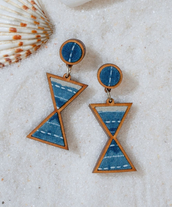 Indigo blue warli Inspired handmade repurposed fabric wood earrings