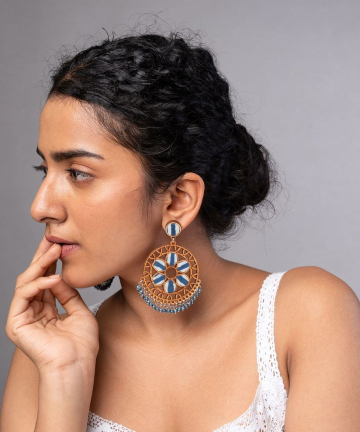 Indigo blue wheel handmade repurposed fabric wood earrings