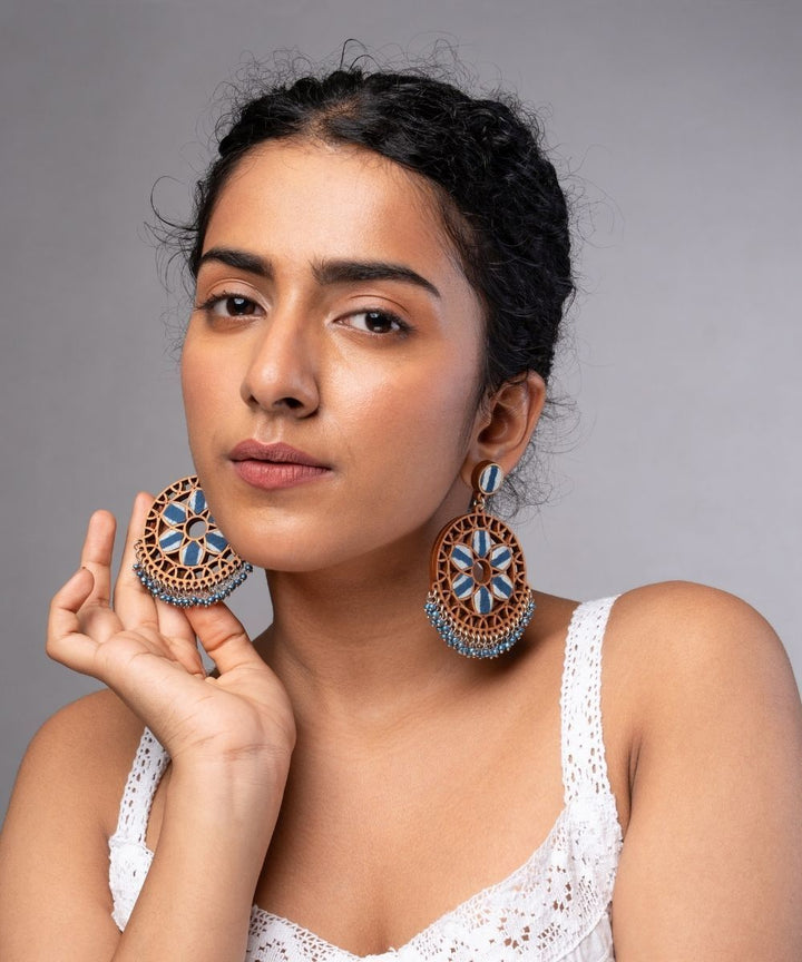 Indigo blue wheel handmade repurposed fabric wood earrings