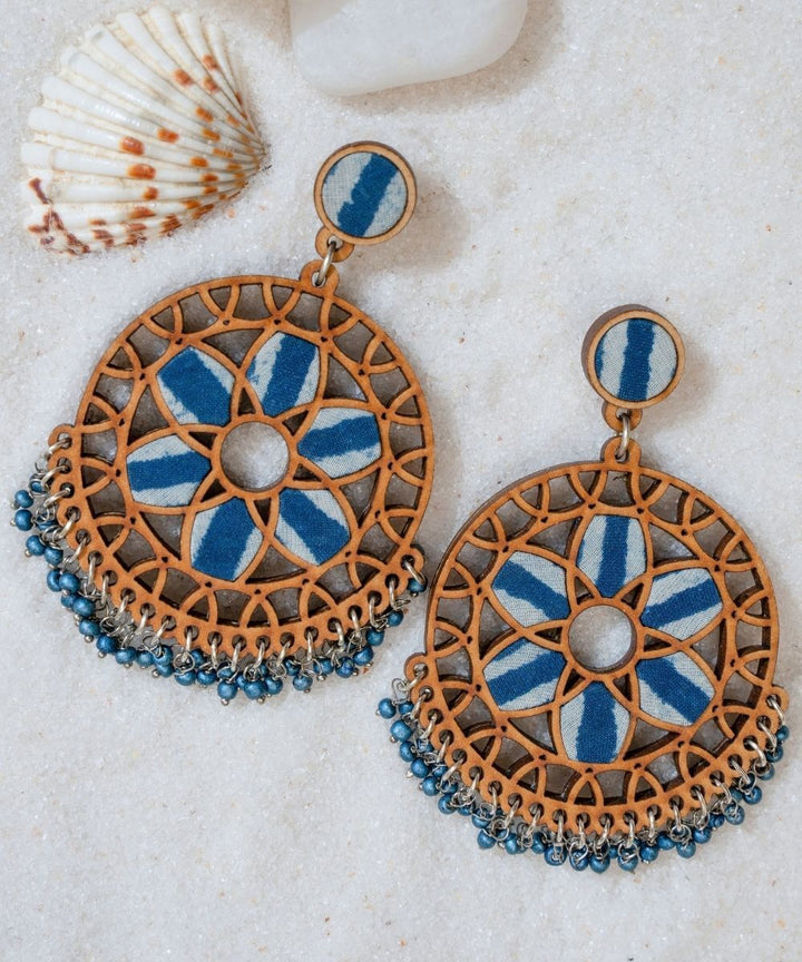 Indigo blue wheel handmade repurposed fabric wood earrings
