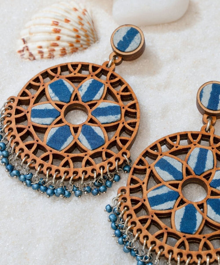 Indigo blue wheel handmade repurposed fabric wood earrings
