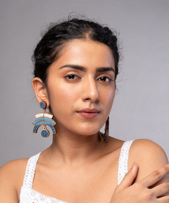 Shade of indigo blue arch handmade repurposed fabric wood earrings