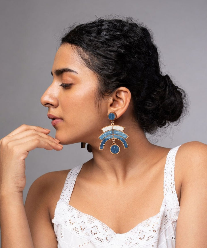 Shade of indigo blue arch handmade repurposed fabric wood earrings