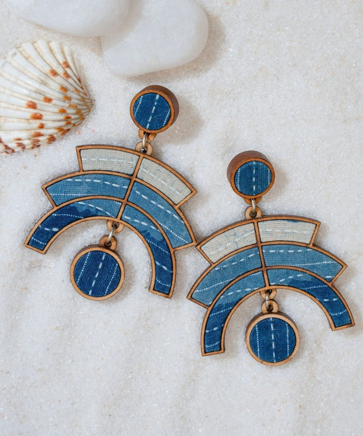 Shade of indigo blue arch handmade repurposed fabric wood earrings