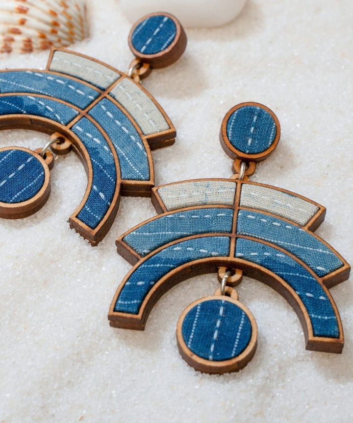 Shade of indigo blue arch handmade repurposed fabric wood earrings