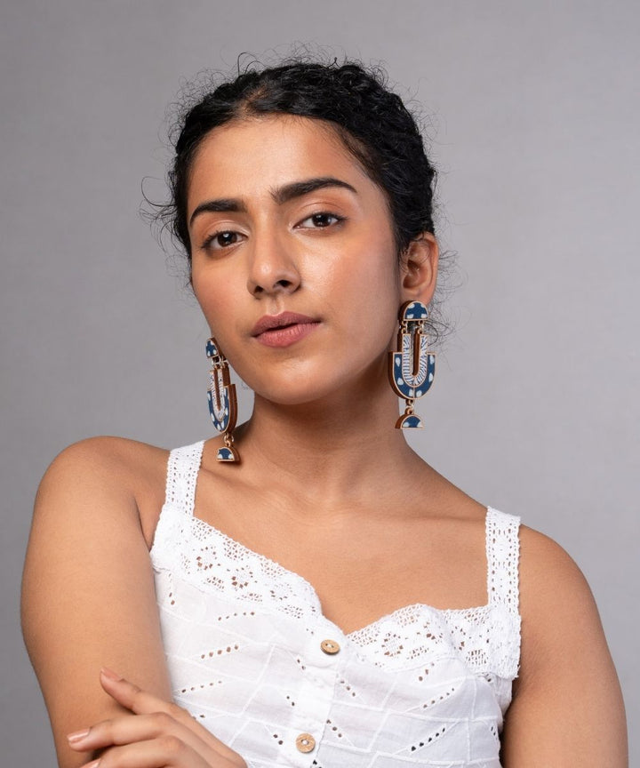 Indigo blue handmade repurposed fabric wood statement earrings