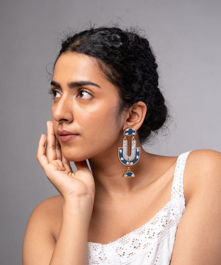 Indigo blue handmade repurposed fabric wood statement earrings