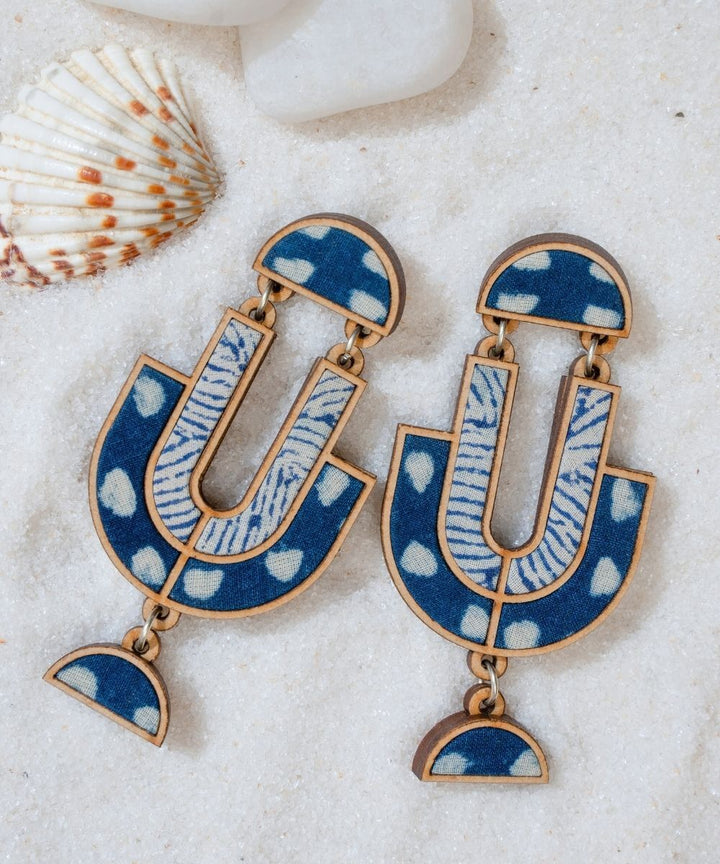 Indigo blue handmade repurposed fabric wood statement earrings