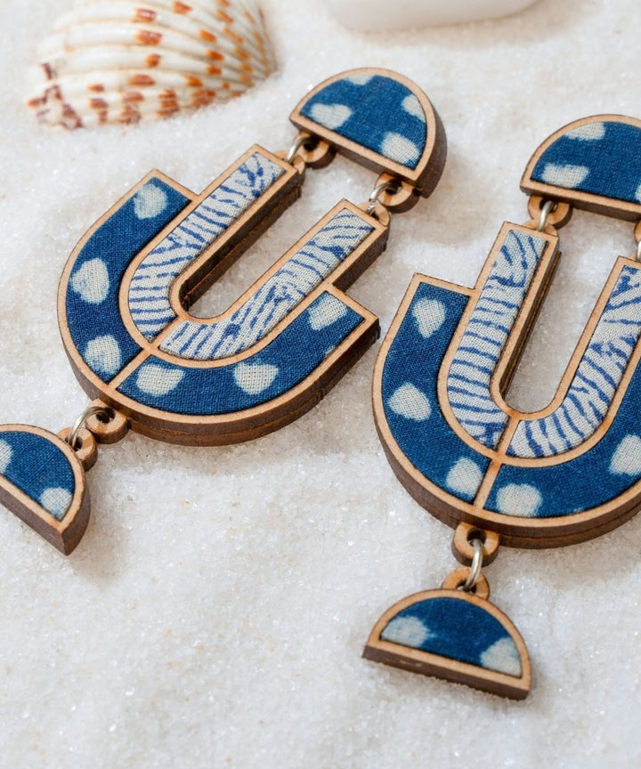 Indigo blue handmade repurposed fabric wood statement earrings