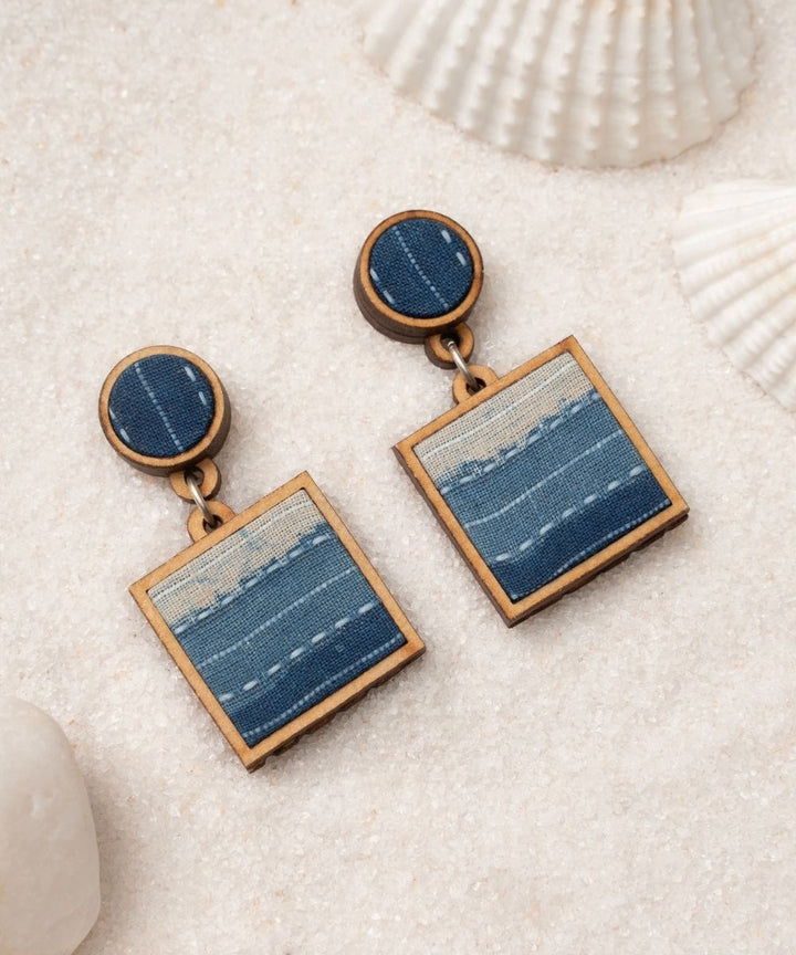 Shades of indigo blue handmade repurposed fabric wood square danglers