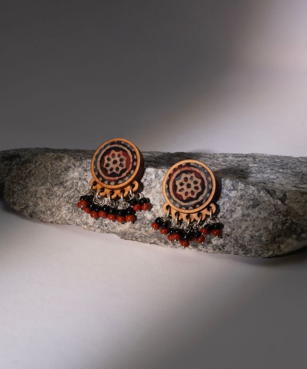 Multicolor ajrakh repurposed fabric and wood round studs