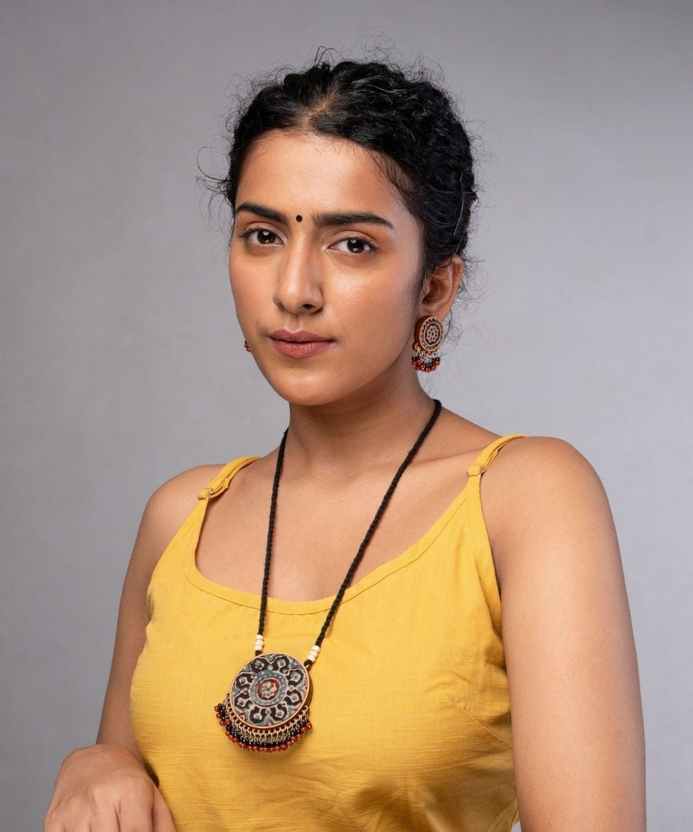 Multicolor ajrakh repurposed fabric and wood round studs