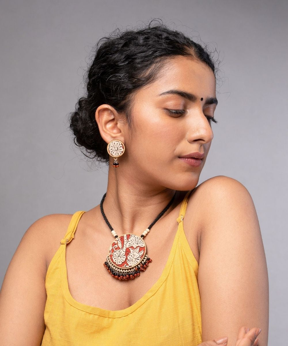 Multicolor floral kalamkari repurposed fabric and wood round studs