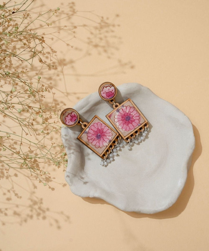 Pink floral handmade square repurposed fabric wood earrings