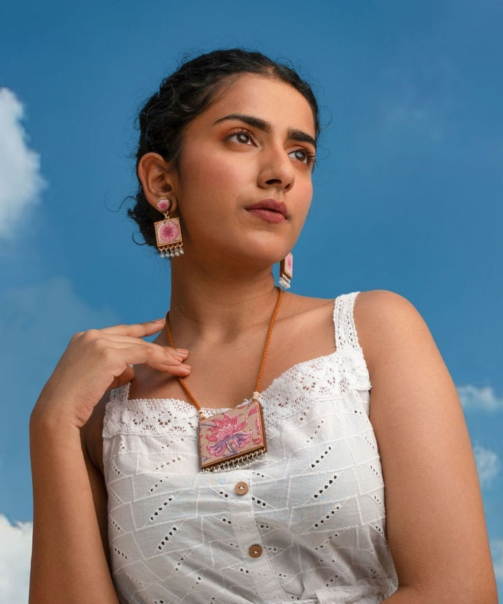 Pink floral handmade square repurposed fabric wood earrings