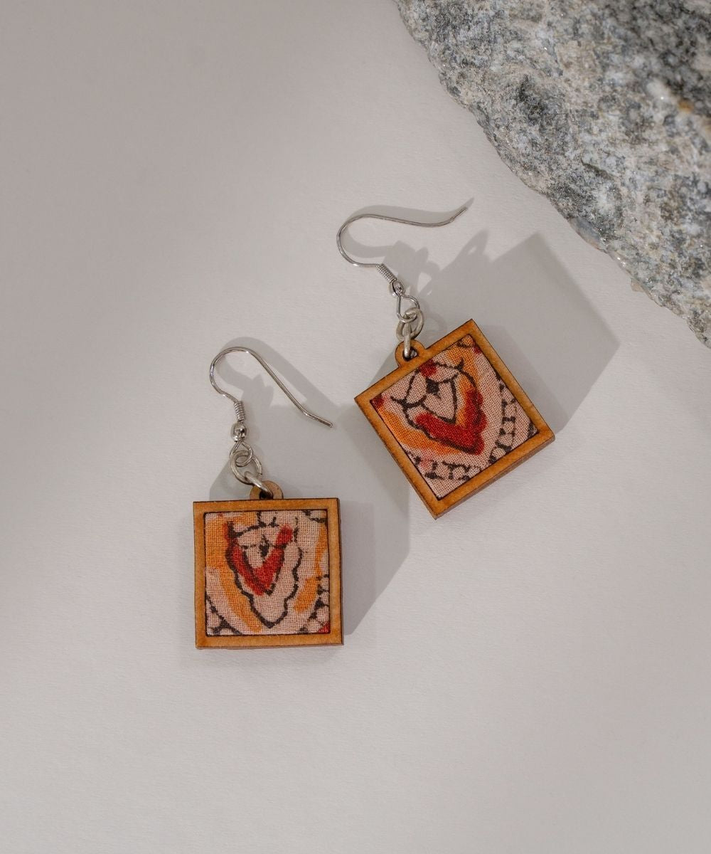 Red repurposed kalamkari fabric and repurposed wood earrings