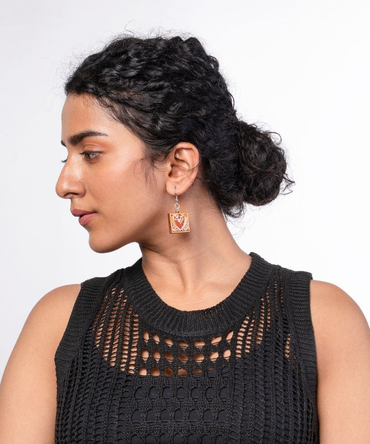 Red repurposed kalamkari fabric and repurposed wood earrings