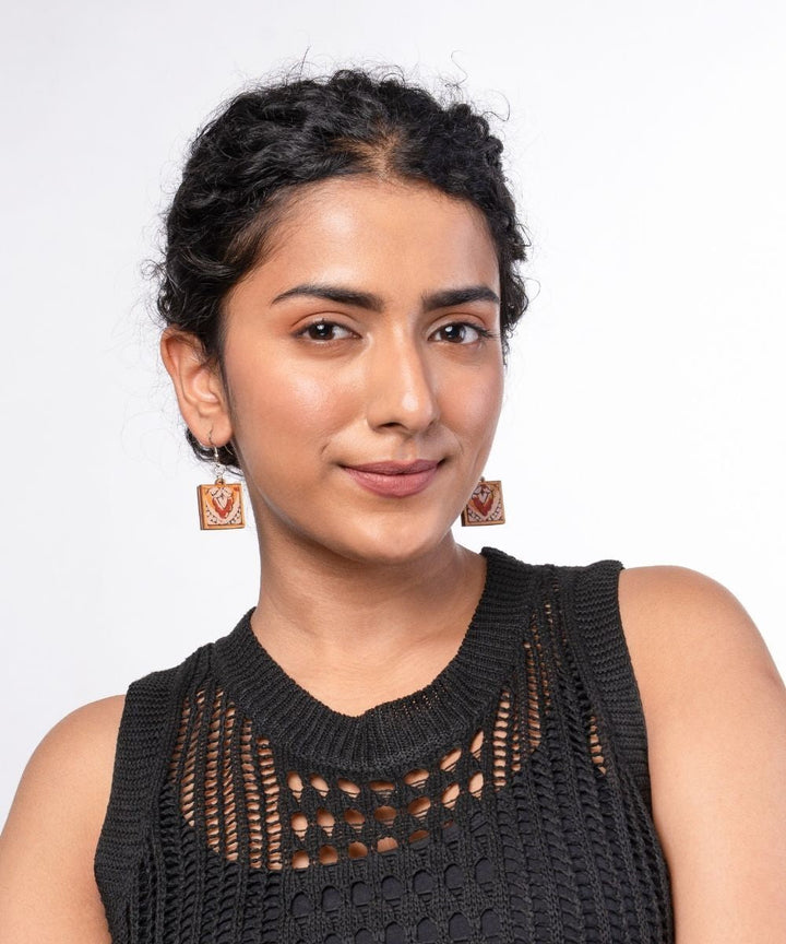 Red repurposed kalamkari fabric and repurposed wood earrings