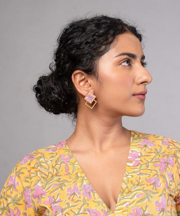 Pink double square repurposed fabric wood earrings