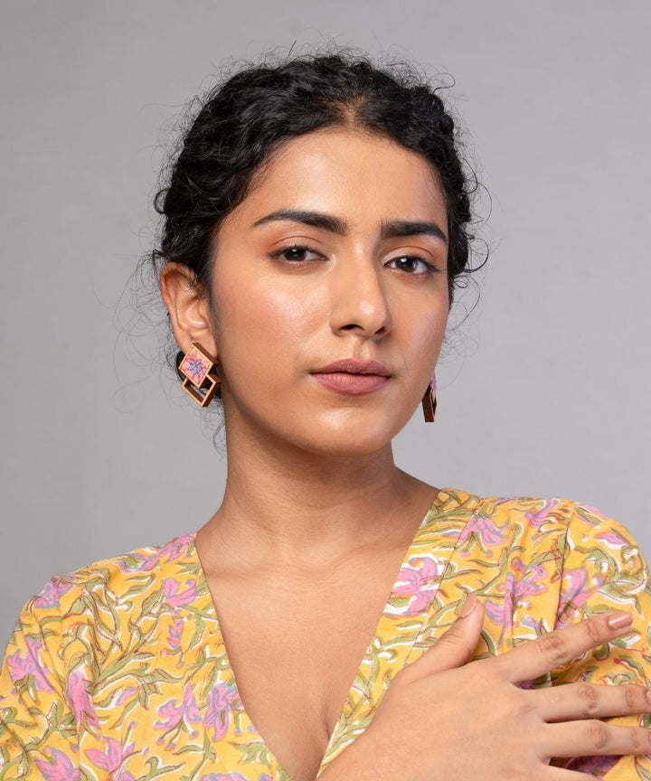 Pink double square repurposed fabric wood earrings