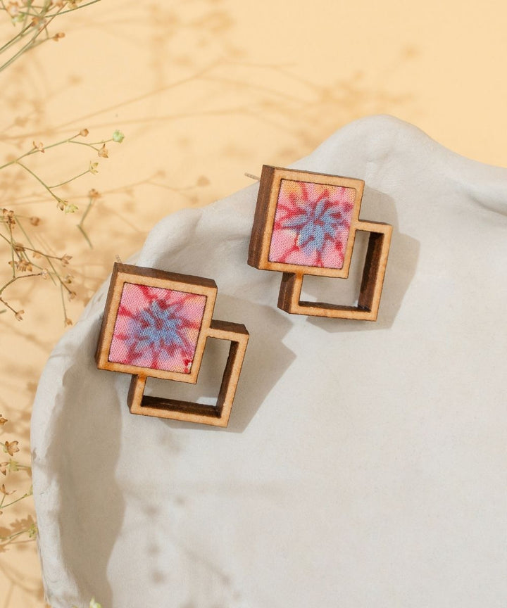 Pink double square repurposed fabric wood earrings