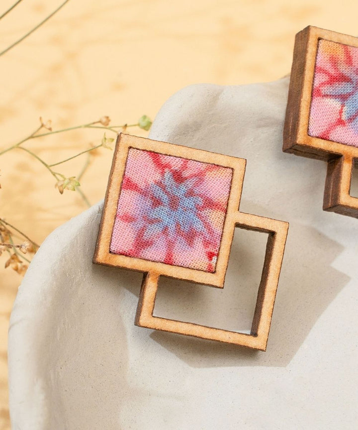 Pink double square repurposed fabric wood earrings