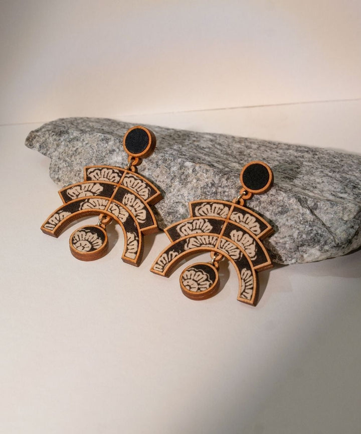 Black kalamkari floral arch repurposed fabric wood statement earrings