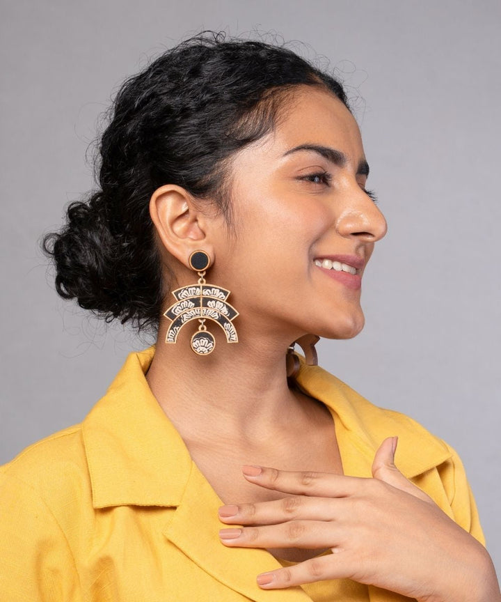 Black kalamkari floral arch repurposed fabric wood statement earrings