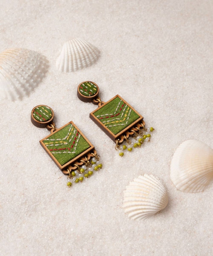 Green kantha repurposed silk fabric and wood earrings