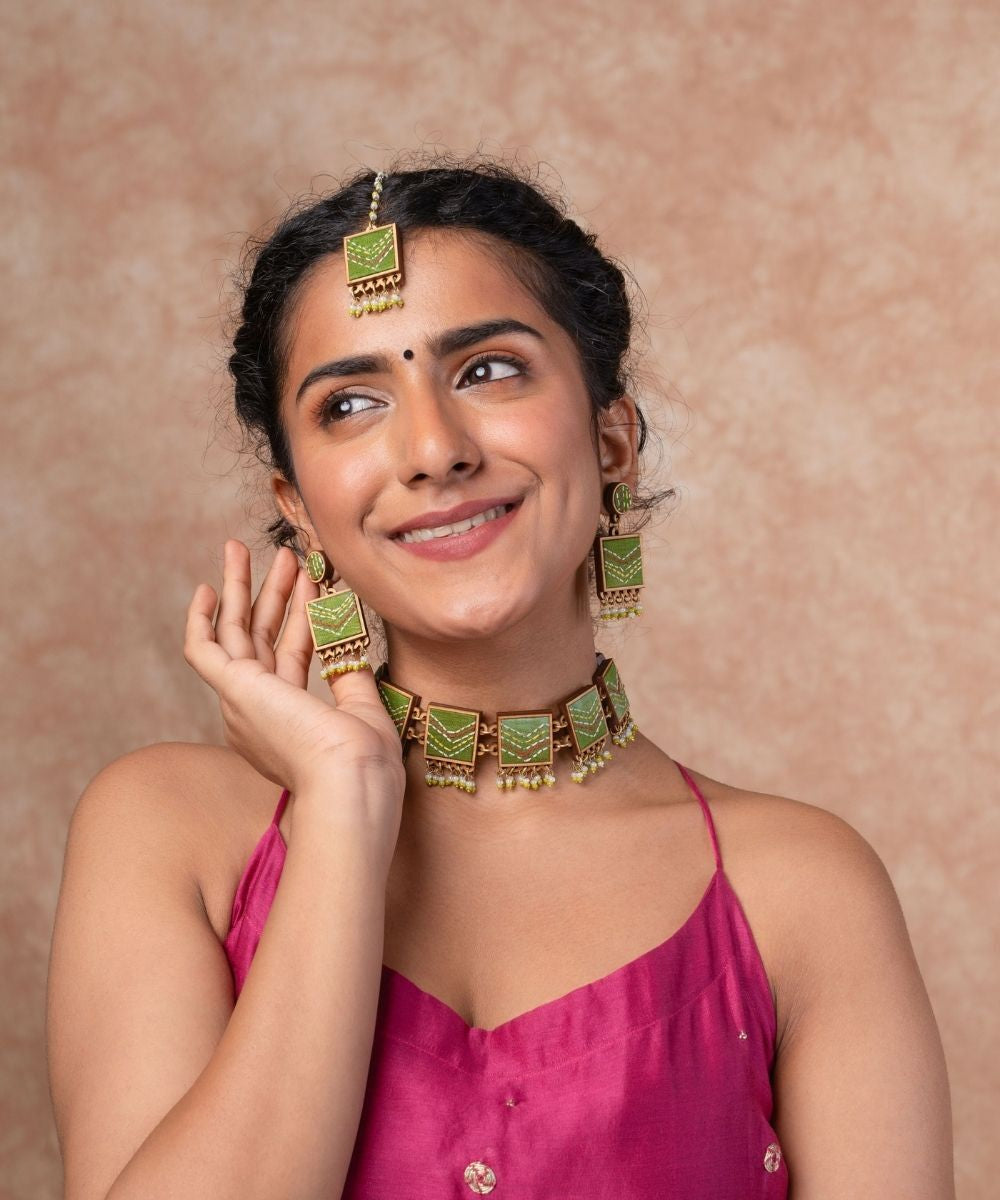 Green kantha repurposed silk fabric and wood earrings