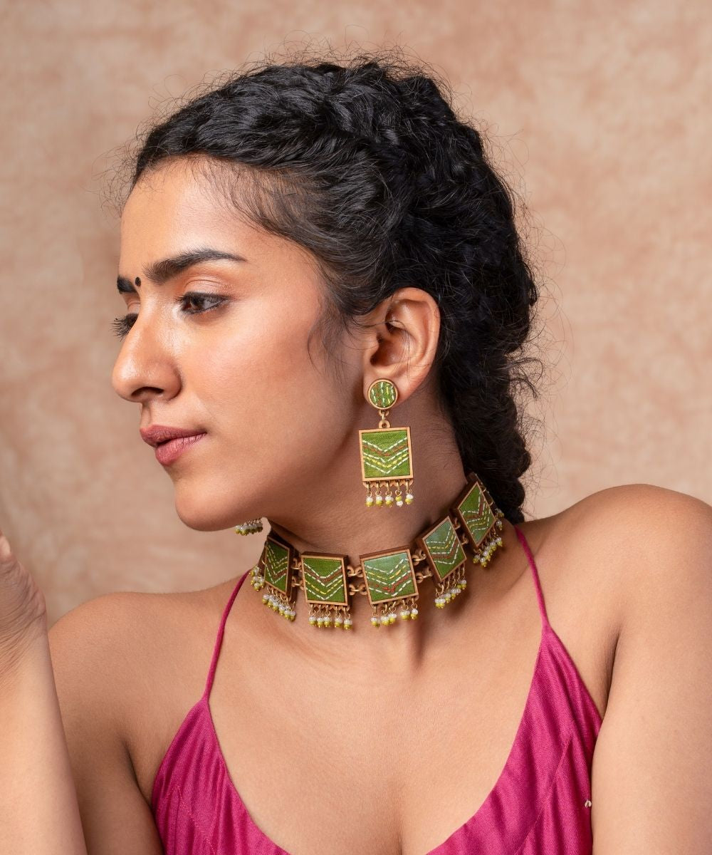 Green kantha repurposed silk fabric and wood earrings
