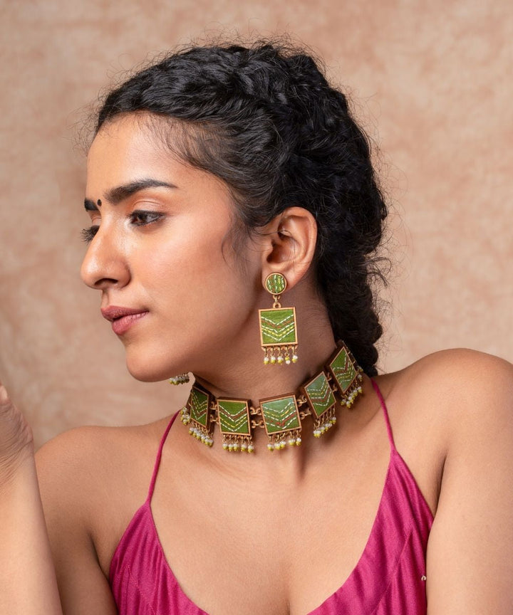 Green kantha repurposed silk fabric and wood earrings
