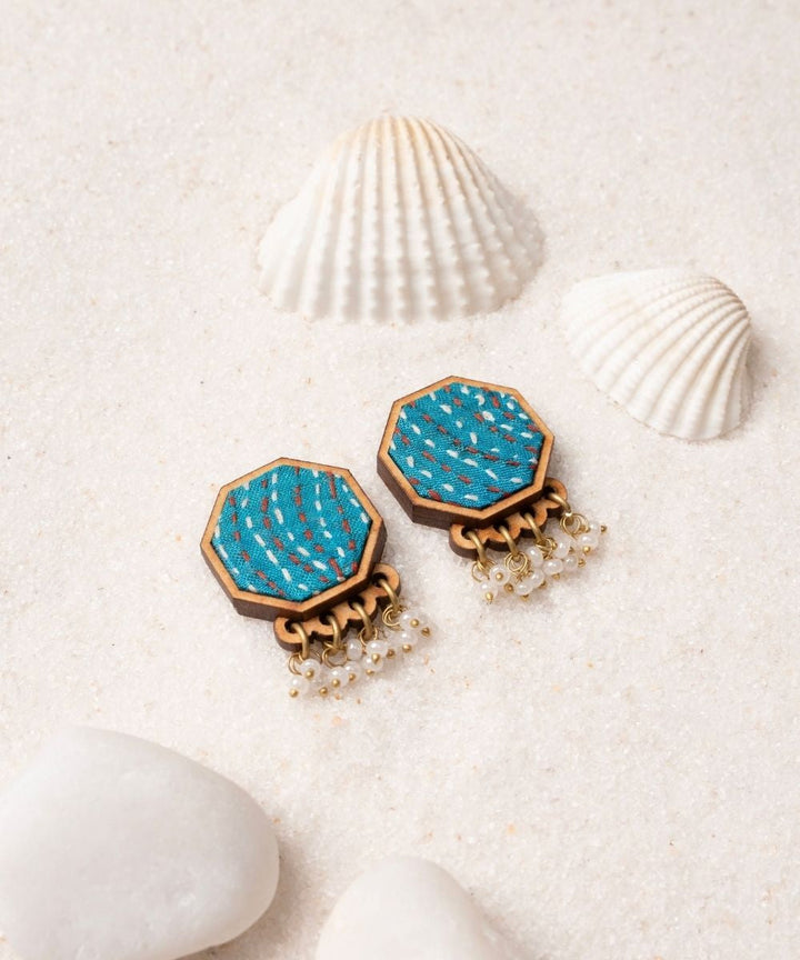 Turquoise kantha repurposed silk fabric and wood studs