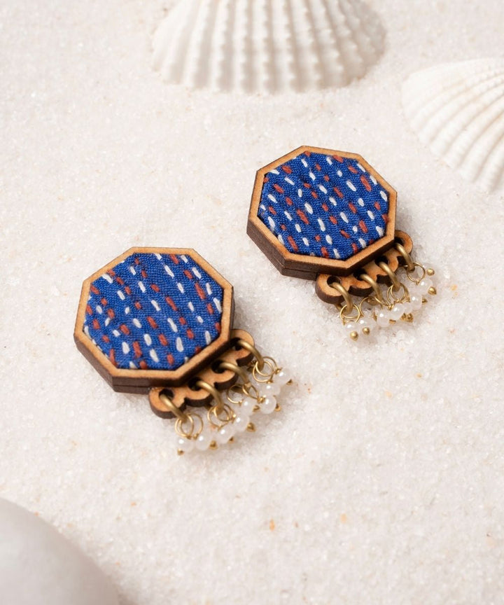 Blue kantha repurposed silk fabric and wood studs
