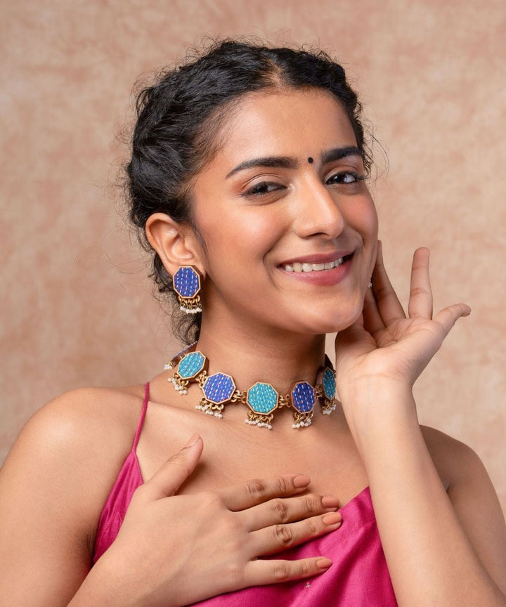 Blue kantha repurposed silk fabric and wood studs