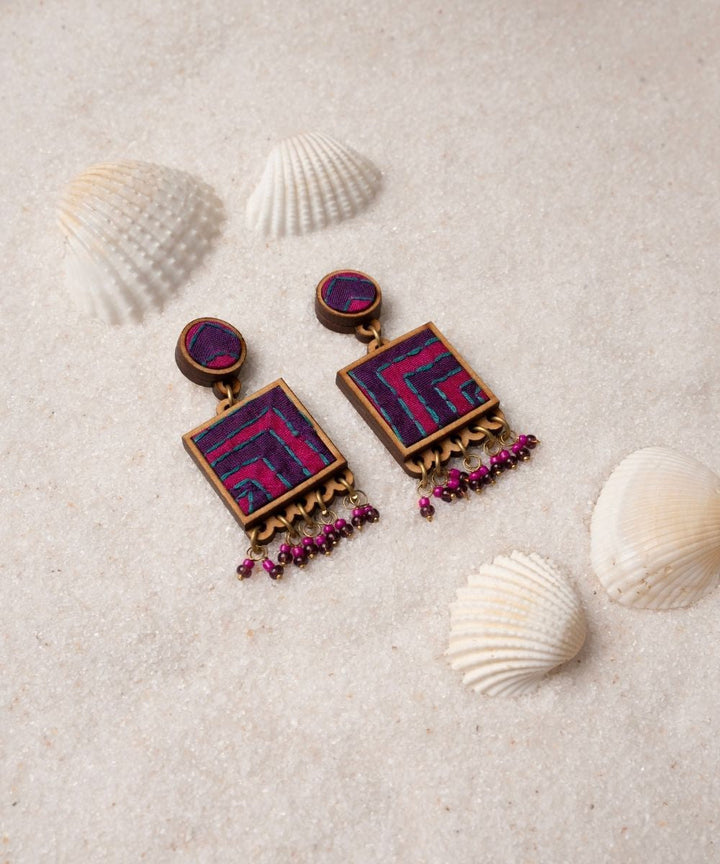 Pink purple kantha repurposed silk fabric and wood  earrings