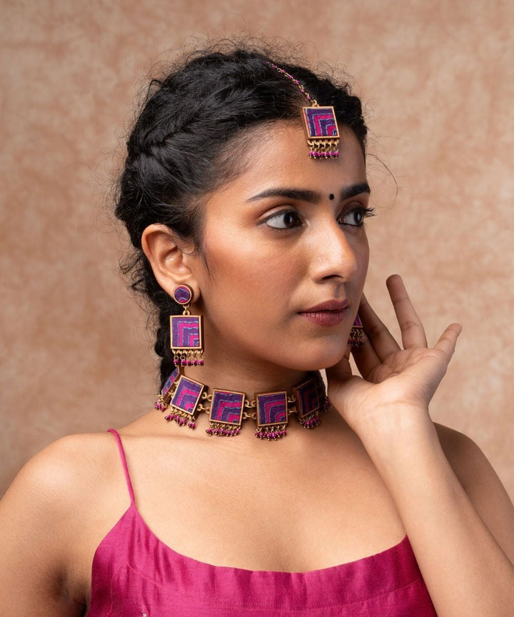 Pink purple kantha repurposed silk fabric and wood  earrings