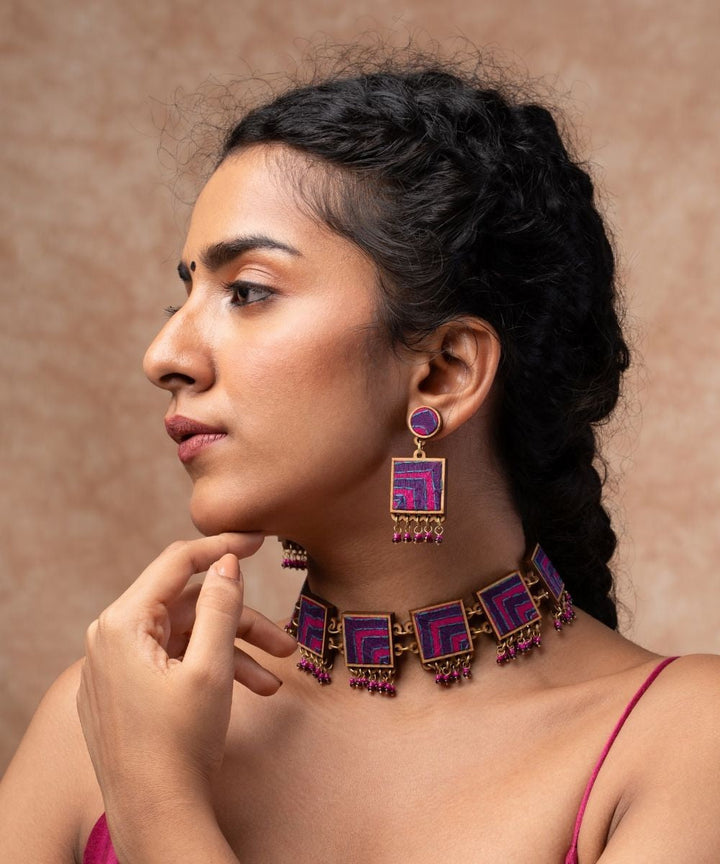 Pink purple kantha repurposed silk fabric and wood  earrings