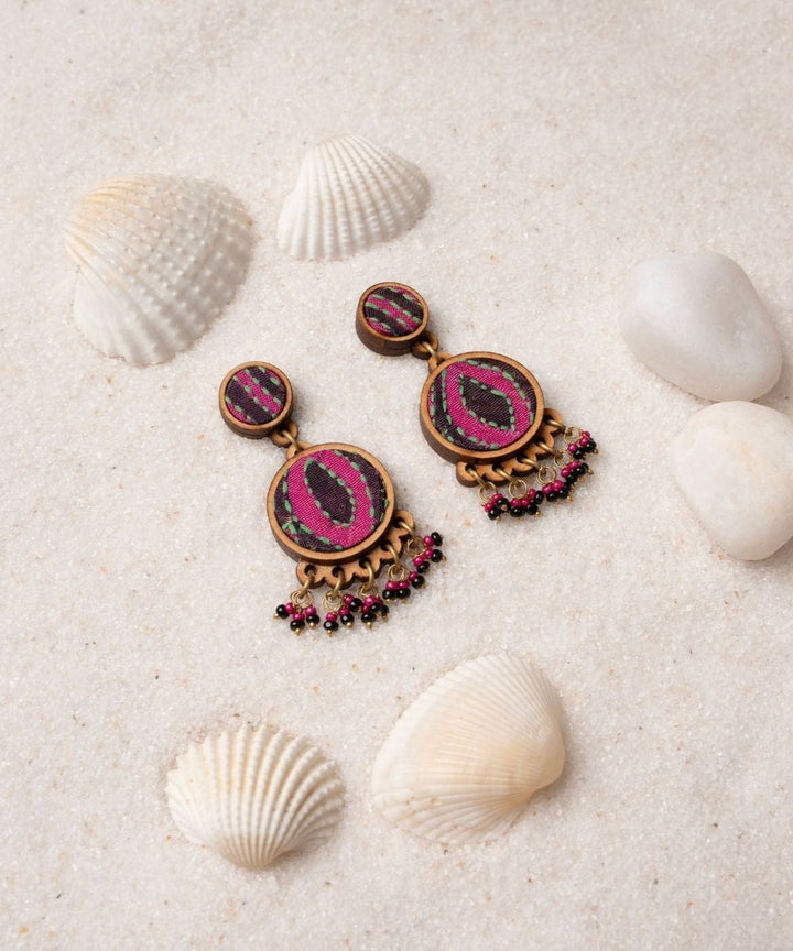Multicolor kantha silk fabric and repurposed wood earrings