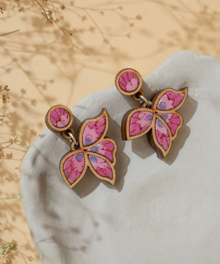 Pink bloom handmade repurposed fabric wood leaf earrings