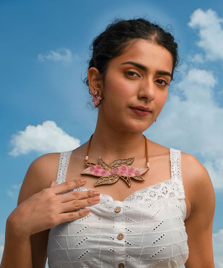 Pink bloom handmade repurposed fabric wood leaf earrings