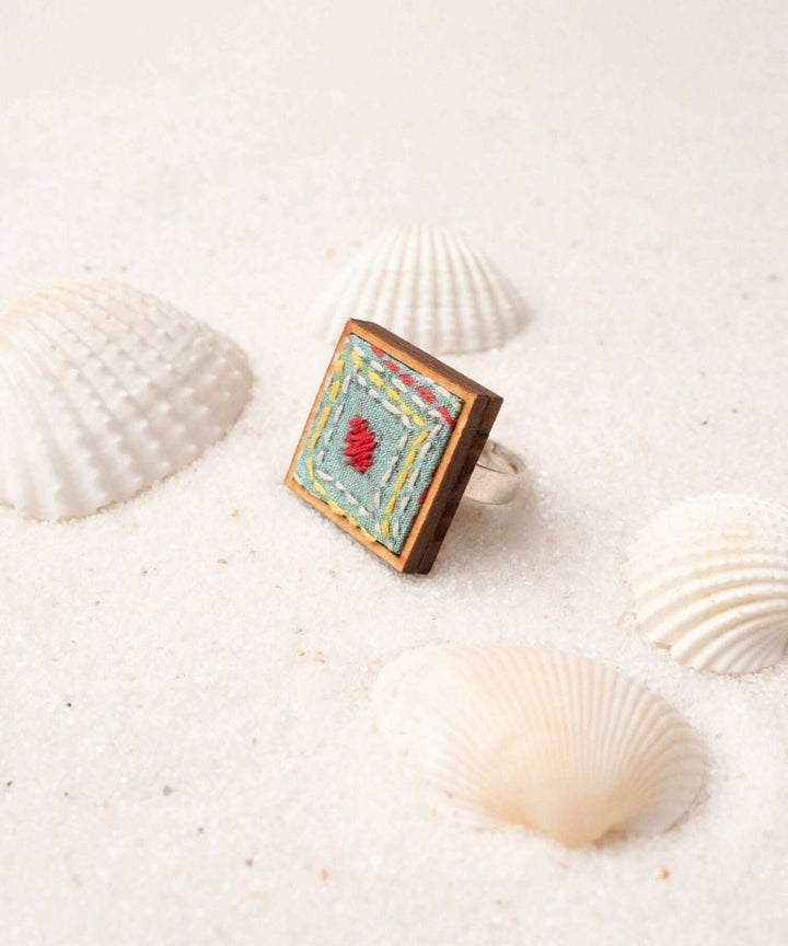 Columbia blue kantha repurposed silk fabric and wood ring