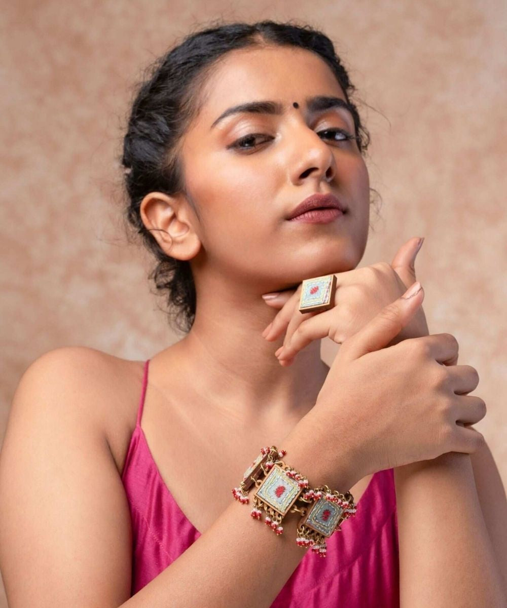 Columbia blue kantha repurposed silk fabric and wood ring