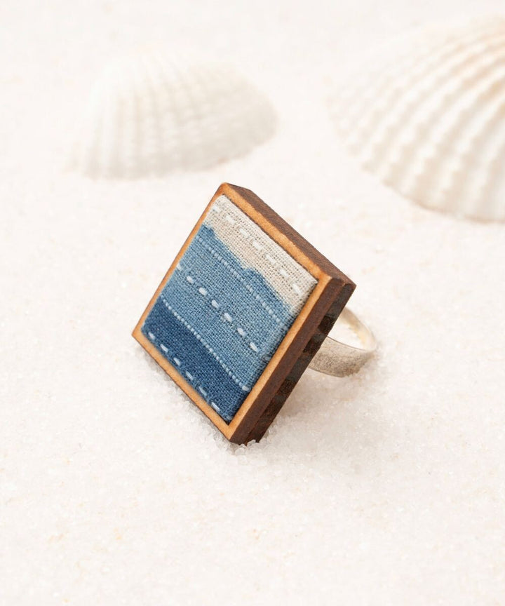 Shades of indigo blue repurposed fabric wood square ring