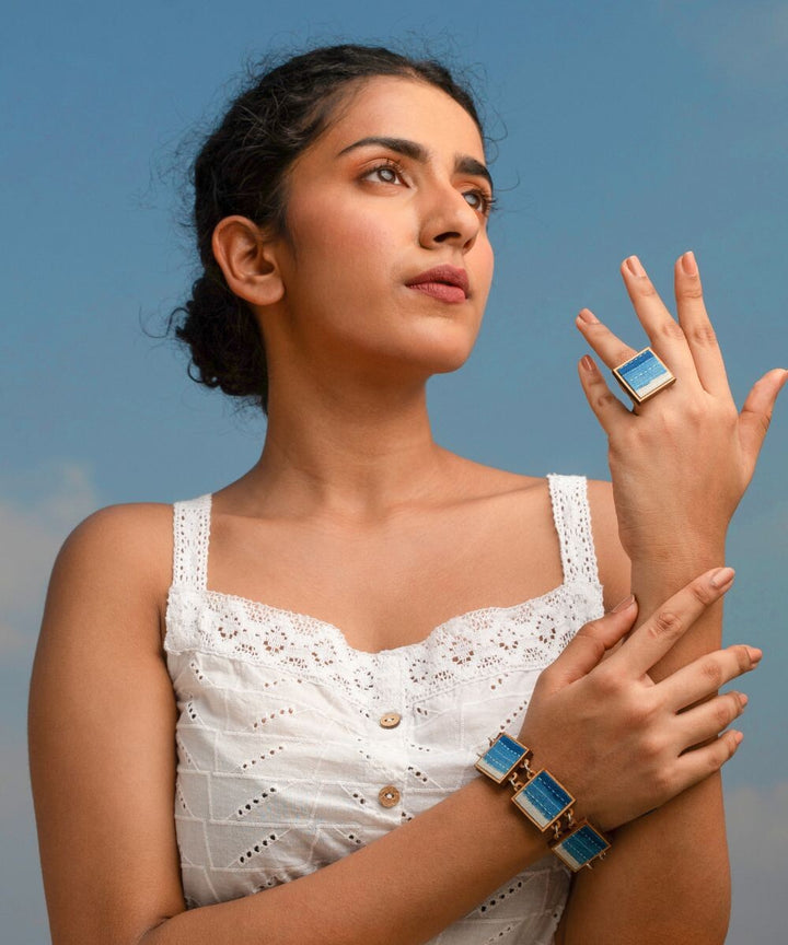 Shades of indigo blue repurposed fabric wood square ring