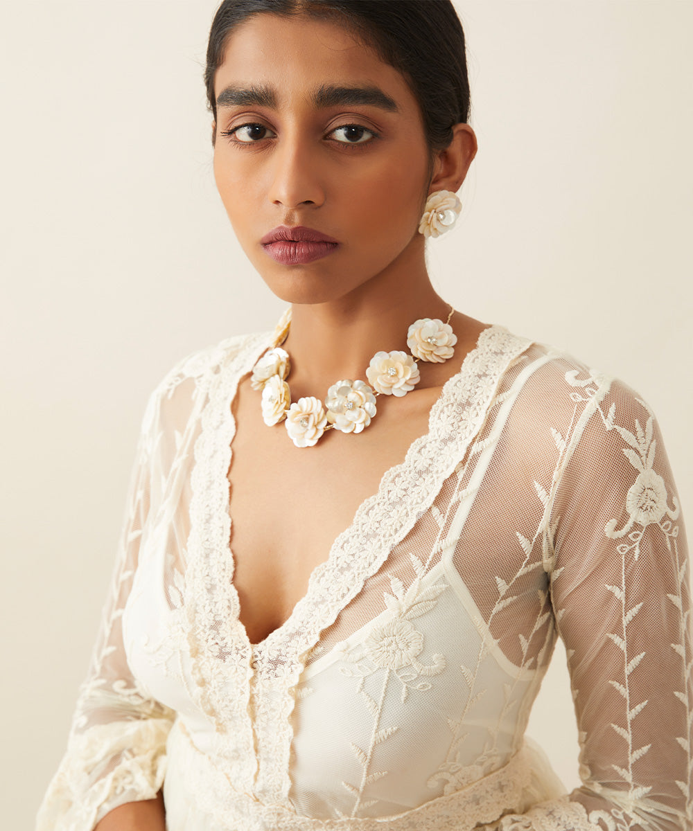 Sea secrets grey floral handcrafted mother of pearl necklace